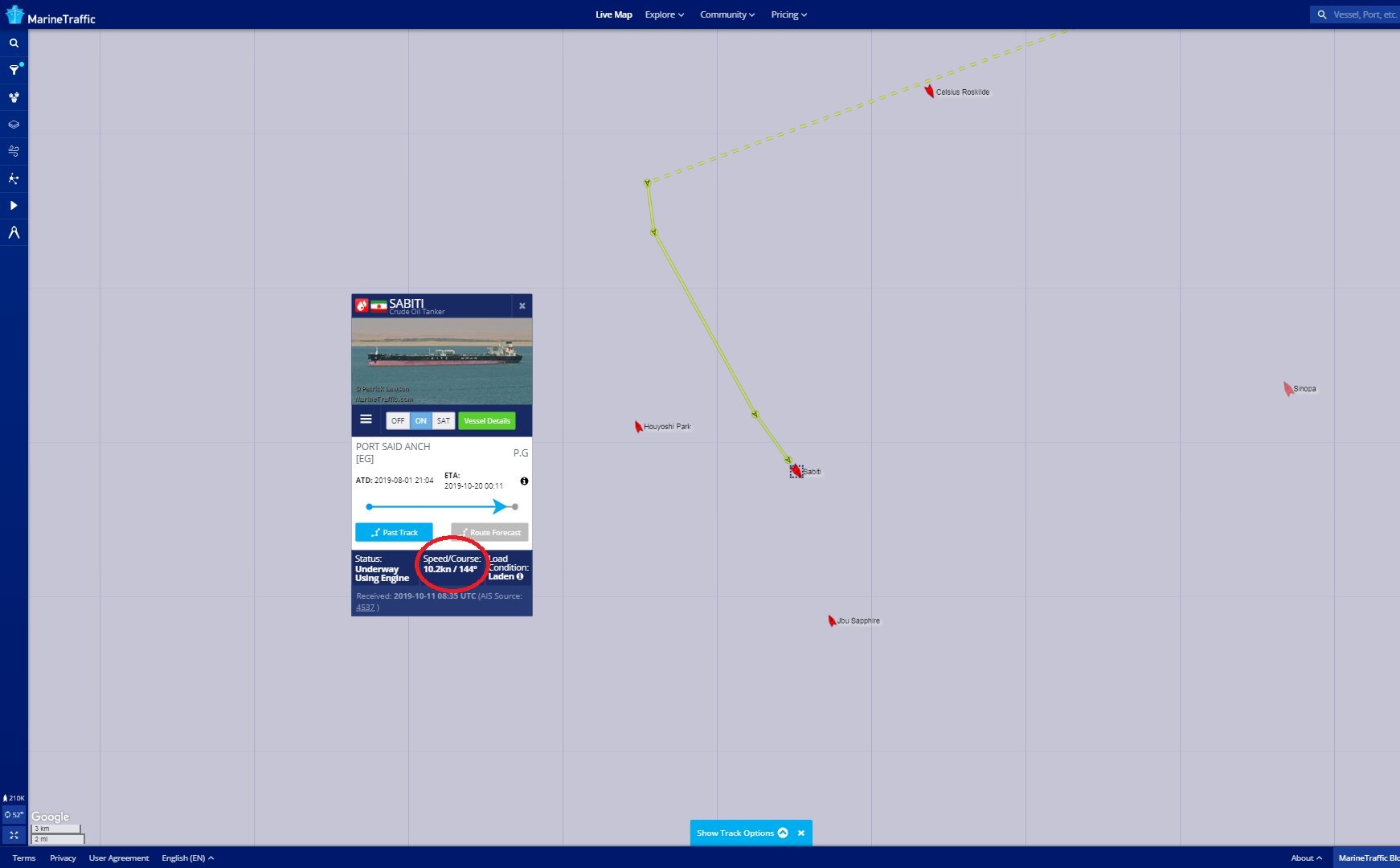 The tanker appears to be moving in this screenshot from ship tracking website Marine Traffic, shared by TankerTrackers.com.inc on Twitter. (Screengrab)
