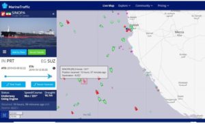 Data from the ship tracking site Marine Traffic shows the location of the tanker in the Red Sea. (Twitter)
