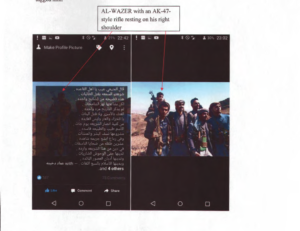 The court evidence also included a photo allegedly of al-Wazer with a group of men holding an AK-47, and another in which he appears to be holding a rocket-propelled grenade launcher alongside other men, one of whom is holding a flag with the Houthi slogan, pictured at the top of this article.