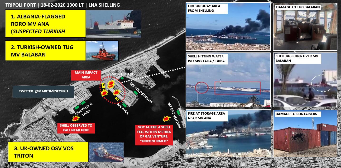 صورة تبين استهداف ميناء طرابلس، وتعرض الفينة التركية لأضرار مباشرة