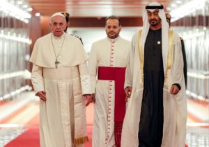 Pope Francis, Gaid, and Abu Dhabi Crown Prince Sheikh Mohammed bin Zayed al-Nahyan at Abu Dhabi International Airport on February 3, 2019. (AFP)