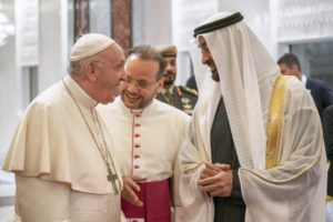 Pope Francis and Gaid with Abu Dhabi Crown Prince Mohammed bin Zayed Al Nahyan in Abu Dhabi on February 3, 2019. (WAM)