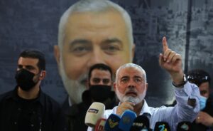 Hamas' top leader, Ismail Haniyeh, gestures as speaks during his visit at Ain el Hilweh Palestinian refugee camp in Sidon, Lebanon September 6, 2020. (Reuters)