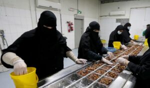 Saudi women work at a dates packaging factory in Al-Ahsa, Saudi Arabia. (Reuters)