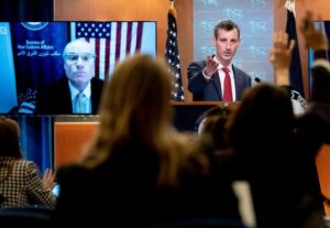 State Department spokesman Ned Price takes a reporter's question for Special Envoy for Yemen Timothy Lenderking, Feb. 16, 2021. (Reuters)