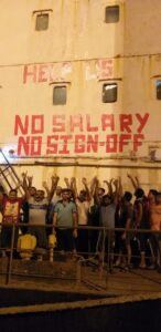 Onboard the vessel M/V Ulain Kuwait,19 abandoned seafarers have been on hunger strike in protest over unpaid wages backdated for more than a year. (Supplied)
