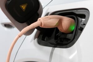 Electric cable connects to the XC40 after Volvo Cars revealed its first fully electric car Wednesday, October 16, 2019, in Los Angeles. (AP)