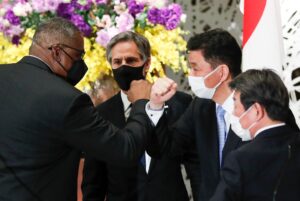 US Secretary of State Antony Blinken and Defense Secretary Lloyd Austin leave after their joint press conference with Japan's Foreign Minister Toshimitsu Motegi and Defence Minister Nobuo Kishi. (AFP)