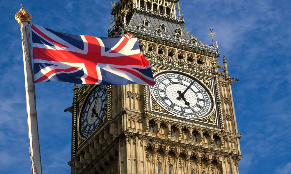 UK clock and flag
