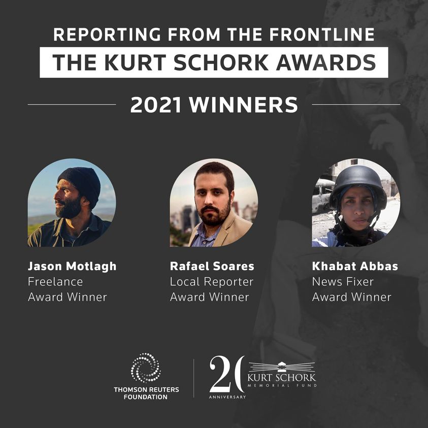 خبات عباس مع الفائزين بجائزة "كورت شورك" للصحافة الدولية للعام 2021/ متداول