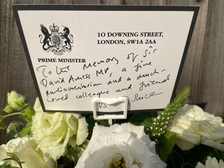 This morning I laid a wreath in memory of Sir David Amess MP, a much loved colleague and friend. My thoughts are with his wife, children and friends/Boris Johnson official Facebook page