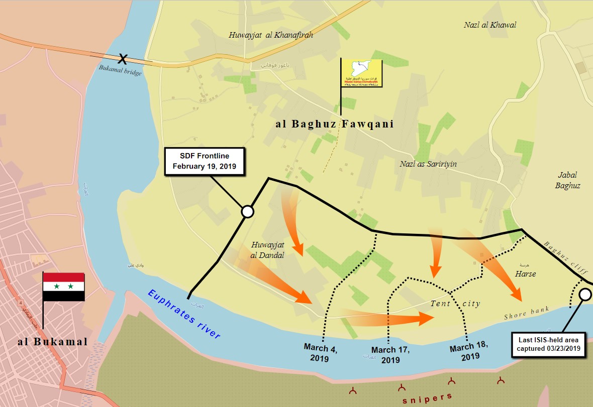 خريطة لتوزع القوات المقاتلة في دير الزور، الباغوز