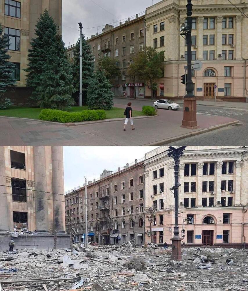 Downtown Kharkiv before and during the Russian aggression. Kharkiv is the second-largest city in Ukraine. Its residential areas have been targeted by Russian shells, rockets, bombs, missiles for days now (File photo: Euromaidan Press via Mariana_Betsa)