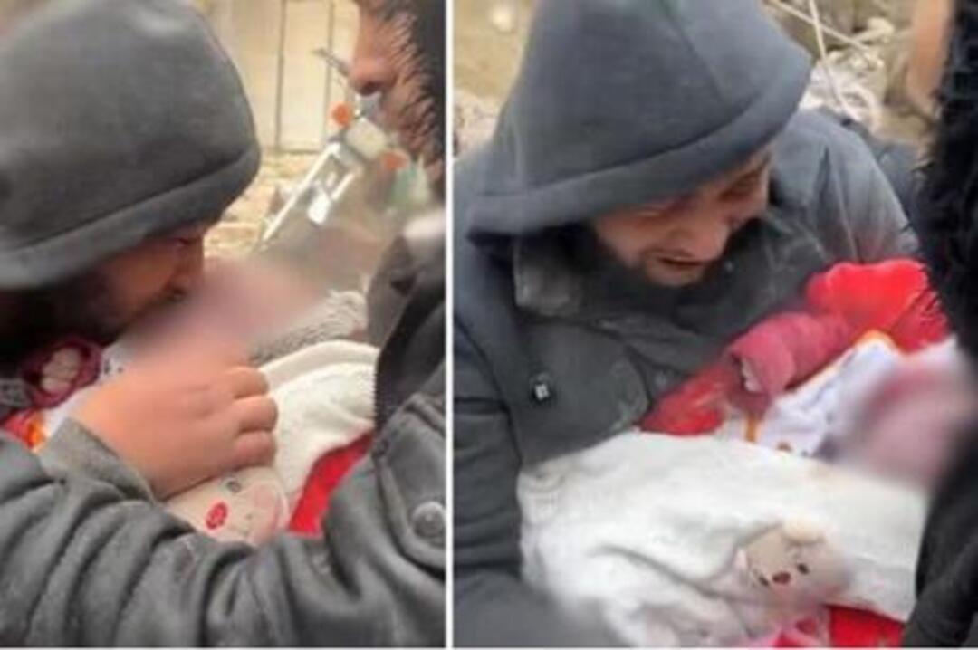 مشاهد مؤلمة.. أب سوري يبكي طفله الرضيع بعدما راح ضحية الزلزال المدمر (فيديو)