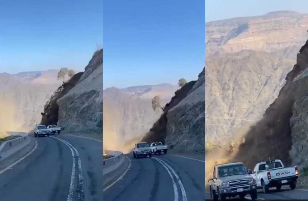 نجاة ركاب عدد من السيارات إثر انهيار صخري مرعب في السعودية (فيديو)